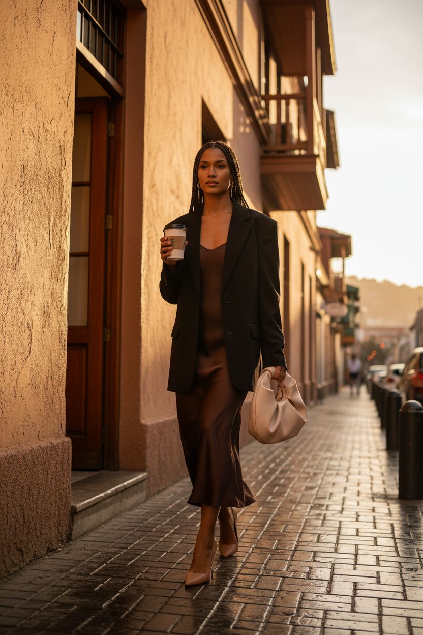 Trendy Verdusa small hobo handbag in apricot swinging while walking on a wet sidewalk.