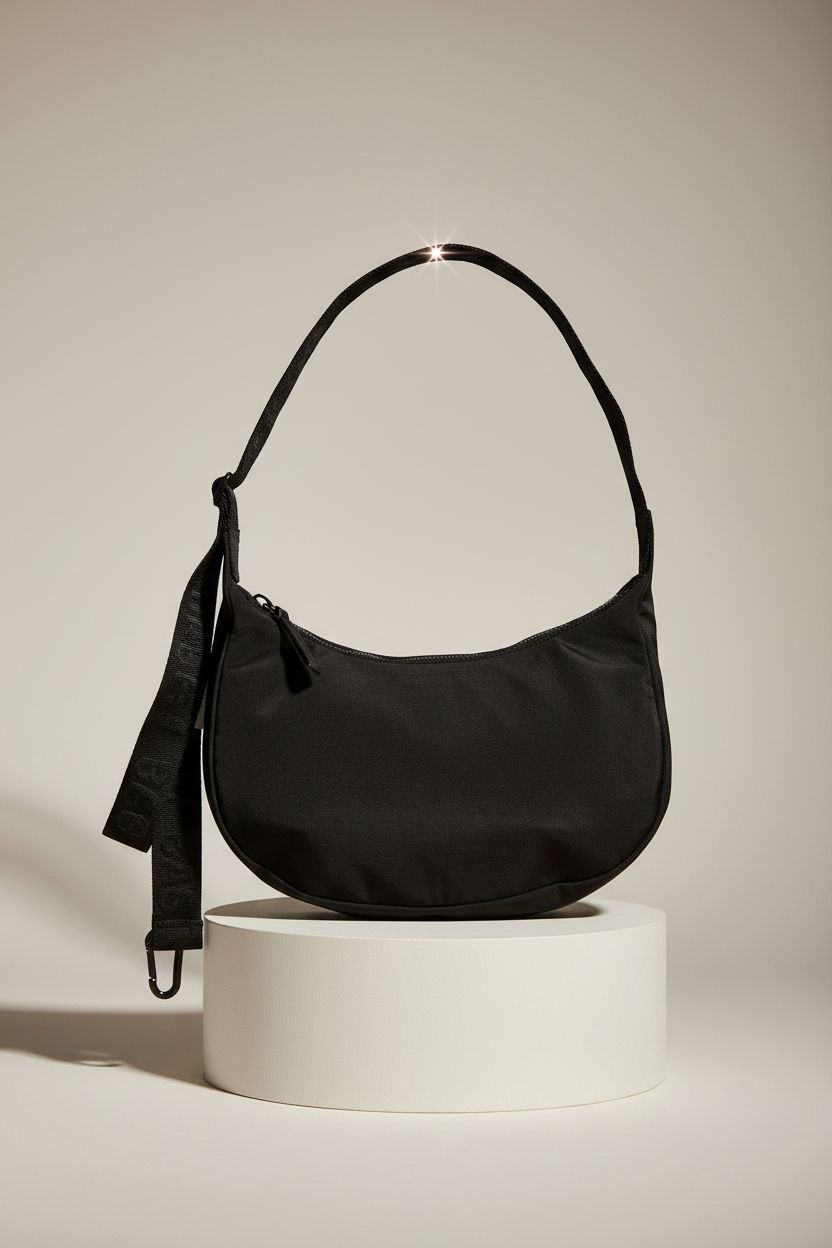 BAGGU Medium Nylon Crescent Bag in black displayed on a studio set, emphasizing its sleek design and quality material.