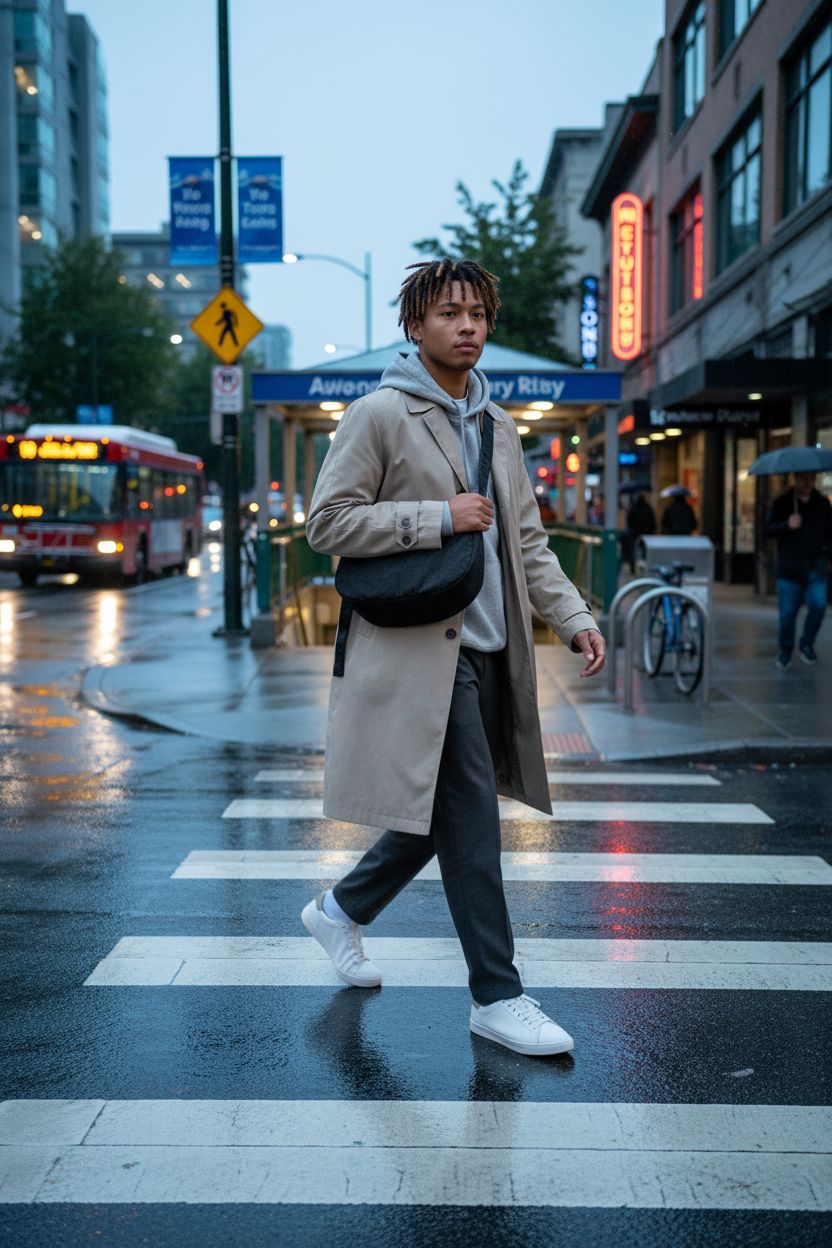 BAGGU Medium Nylon Crescent Bag in black worn crossbody at a rainy city crosswalk, highlighting its practical design.