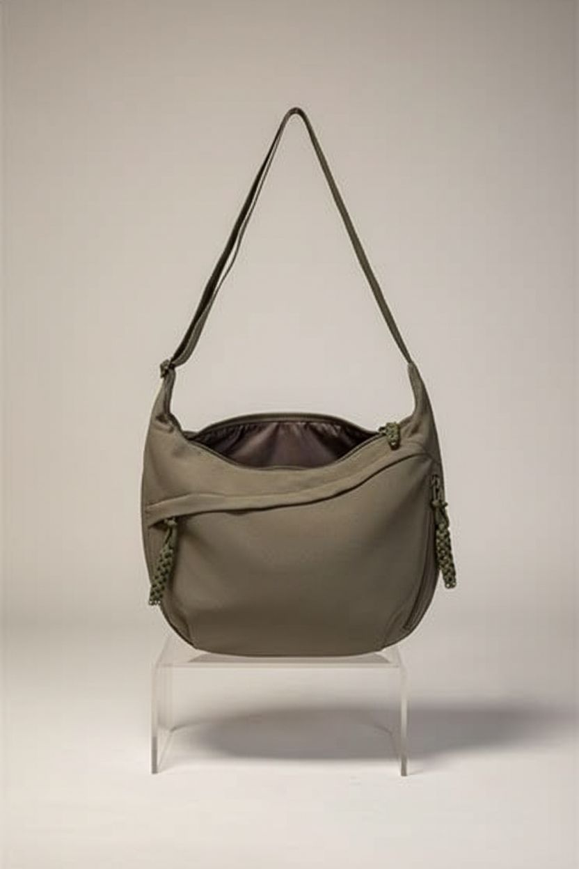 EMGILL nylon crossbody bag showcased on a gray background, emphasizing its sleek silhouette and quality.