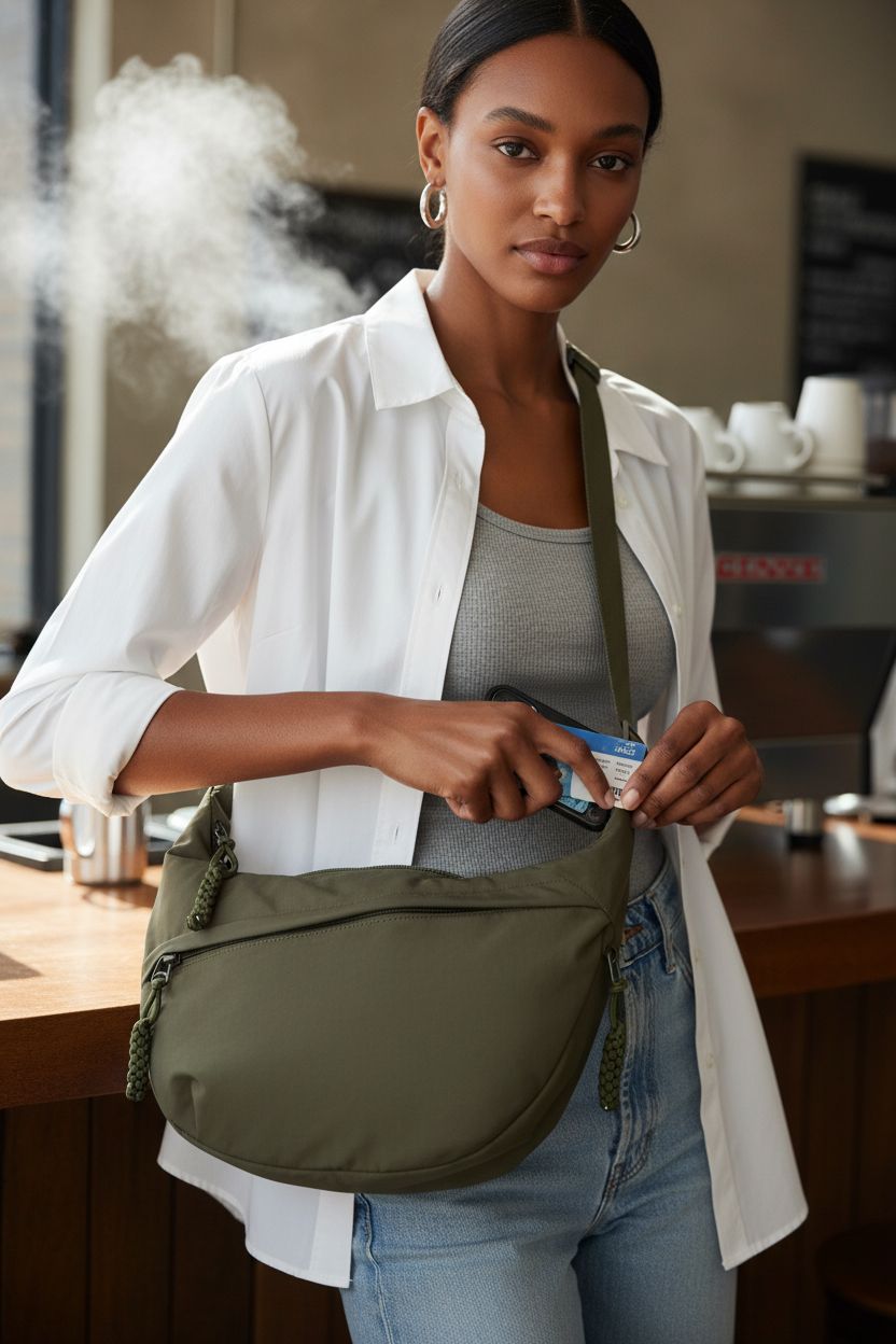 EMGILL nylon crossbody bag placed on a coffee bar counter, showcasing its sleek design and functionality.