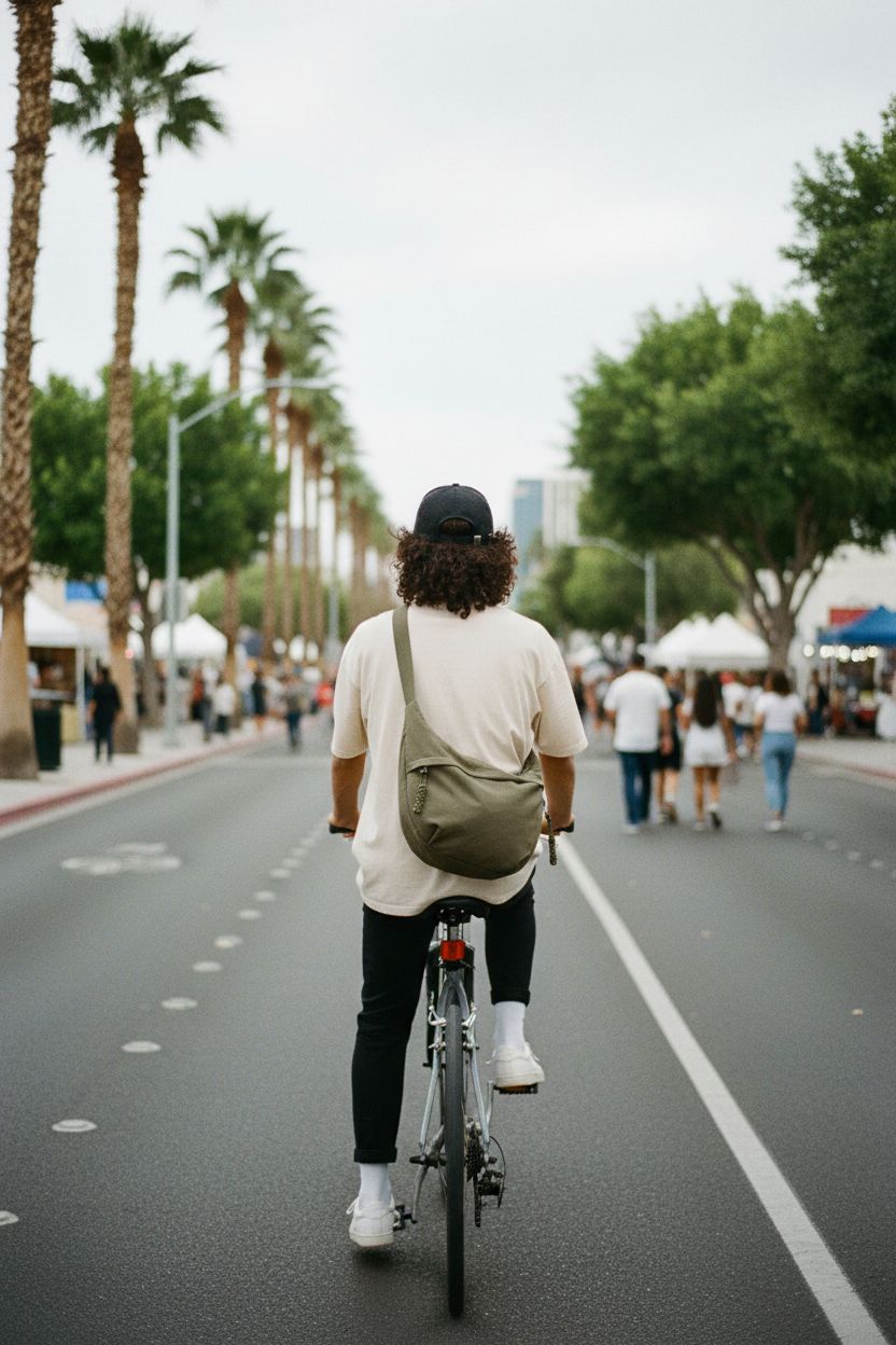 EMGILL olive nylon crossbody bag prominently featured while commuting on a bike near an outdoor market.