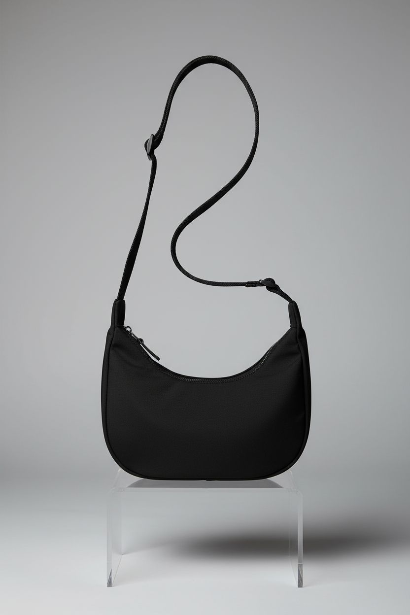 Detailed view of Iioscre crescent sling bag highlighting zippers and nylon craftsmanship