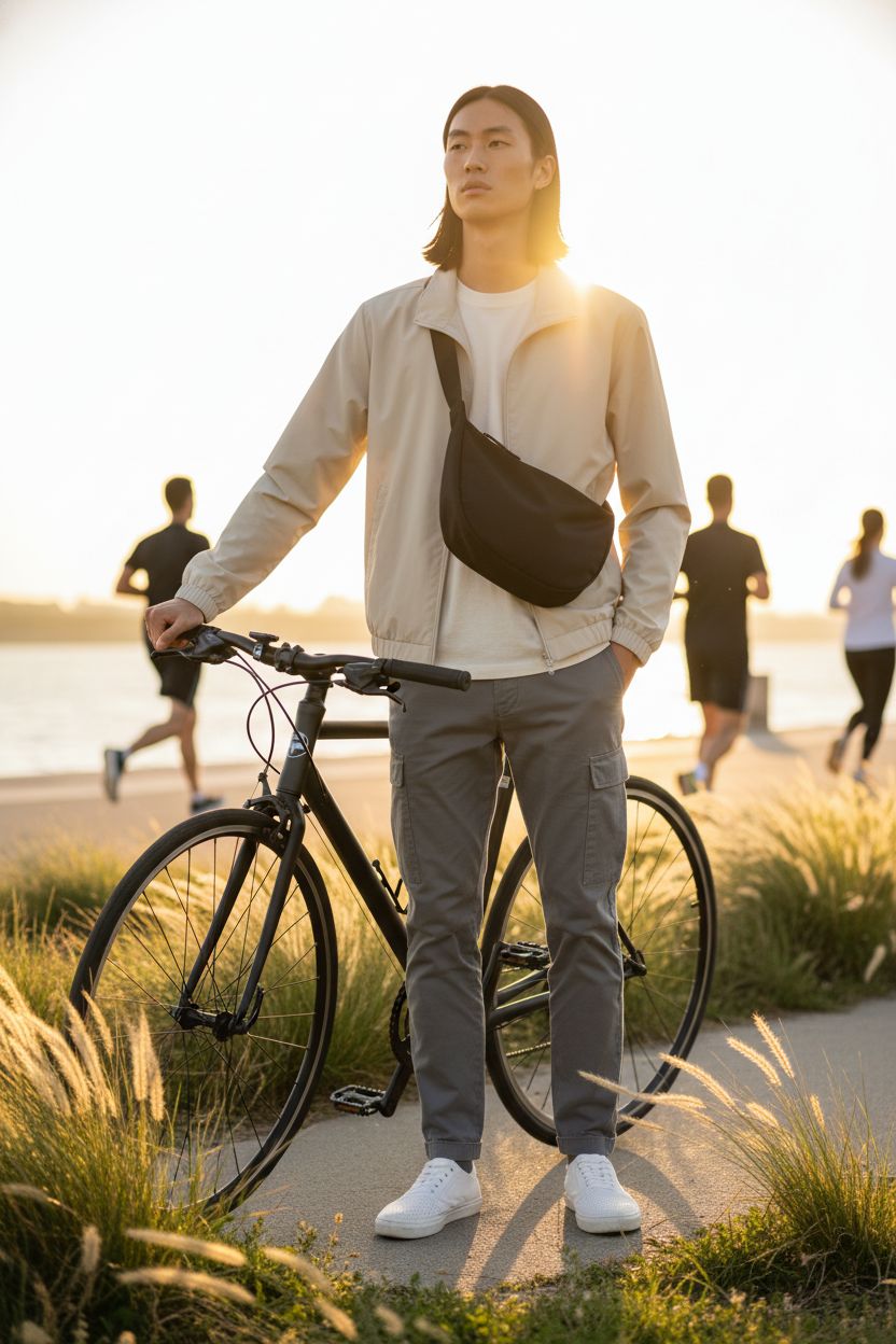 Trendy Iioscre crossbody sling bag in matte black on urban bicycle, showcasing nylon texture