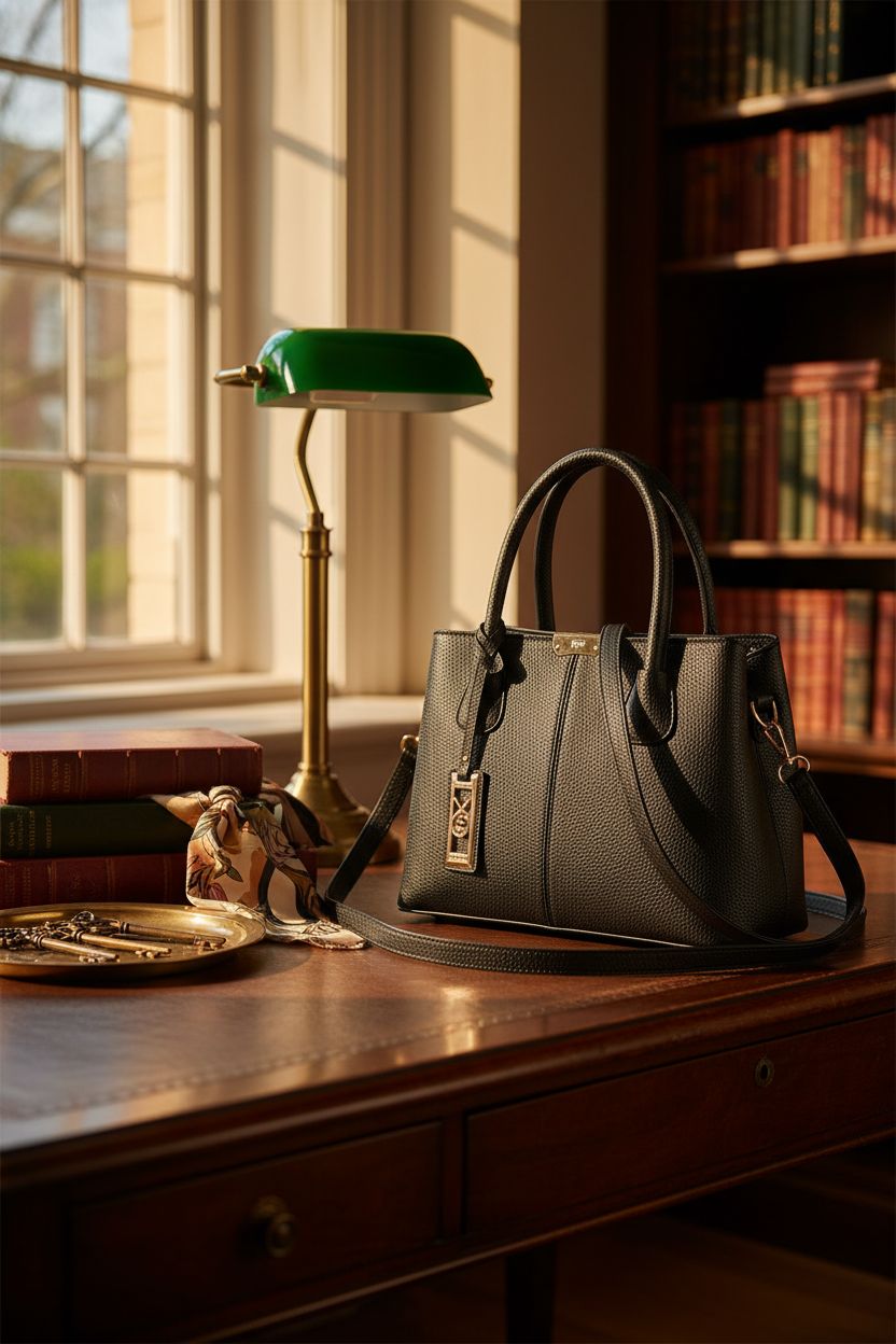 COCIFER handbag resting on a polished table in a warm library nook, exuding timeless charm.