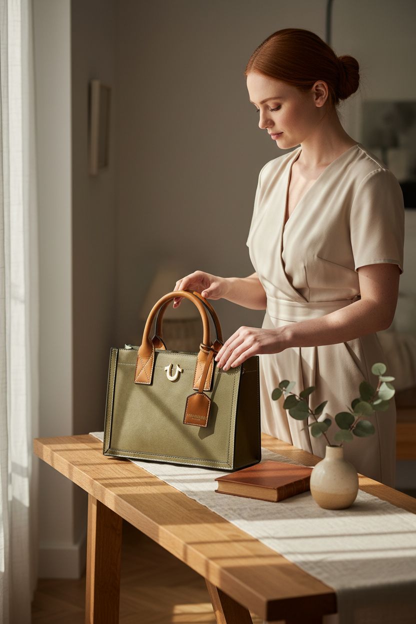 True Religion olive tote bag on a warm oak console, surrounded by a book and ceramic vase in soft light