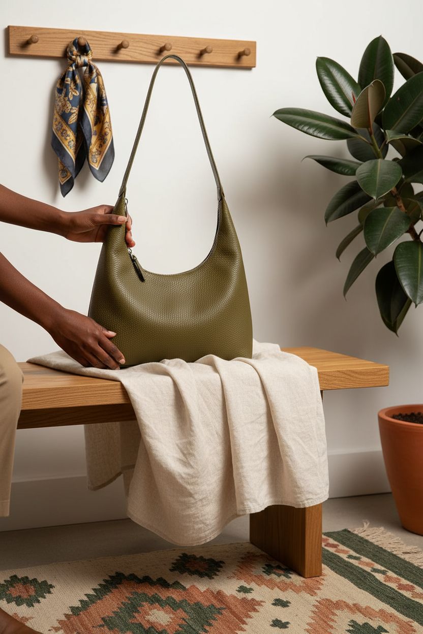 KALIDI Crescent Tote Bag in olive set on an oak bench, highlighting its stylish texture and design.