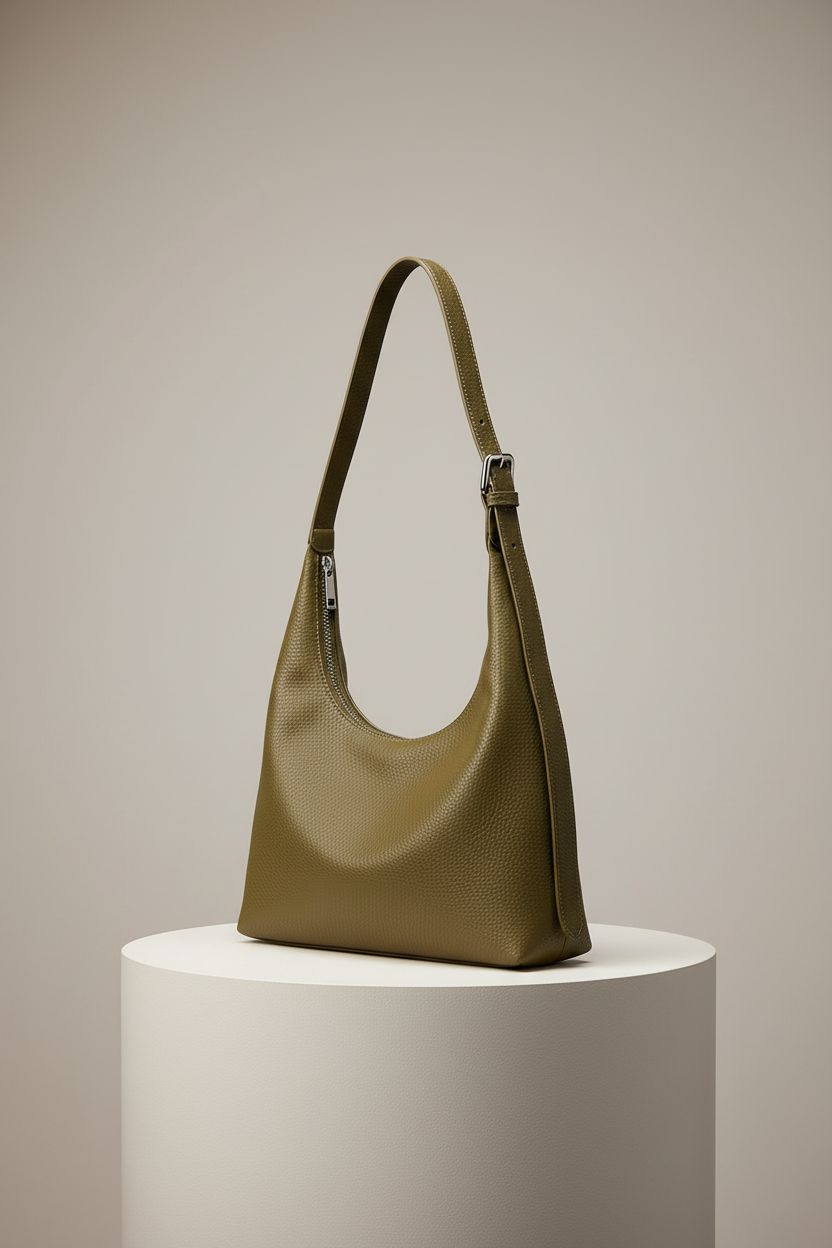 KALIDI Crescent Tote Bag in olive, showcasing its sleek design and vegan leather quality.