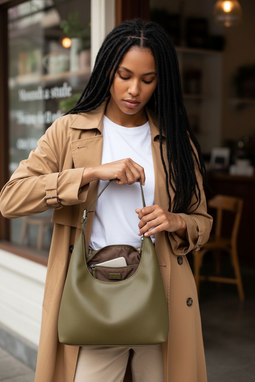 KALIDI Crescent Tote Bag in olive vegan leather, showcasing zipper and interior pockets.