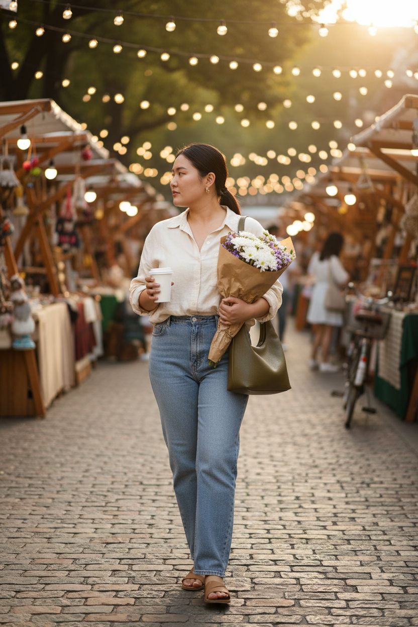 KALIDI olive pebbled bag worn on shoulder at a weekend market, perfect for casual outings.