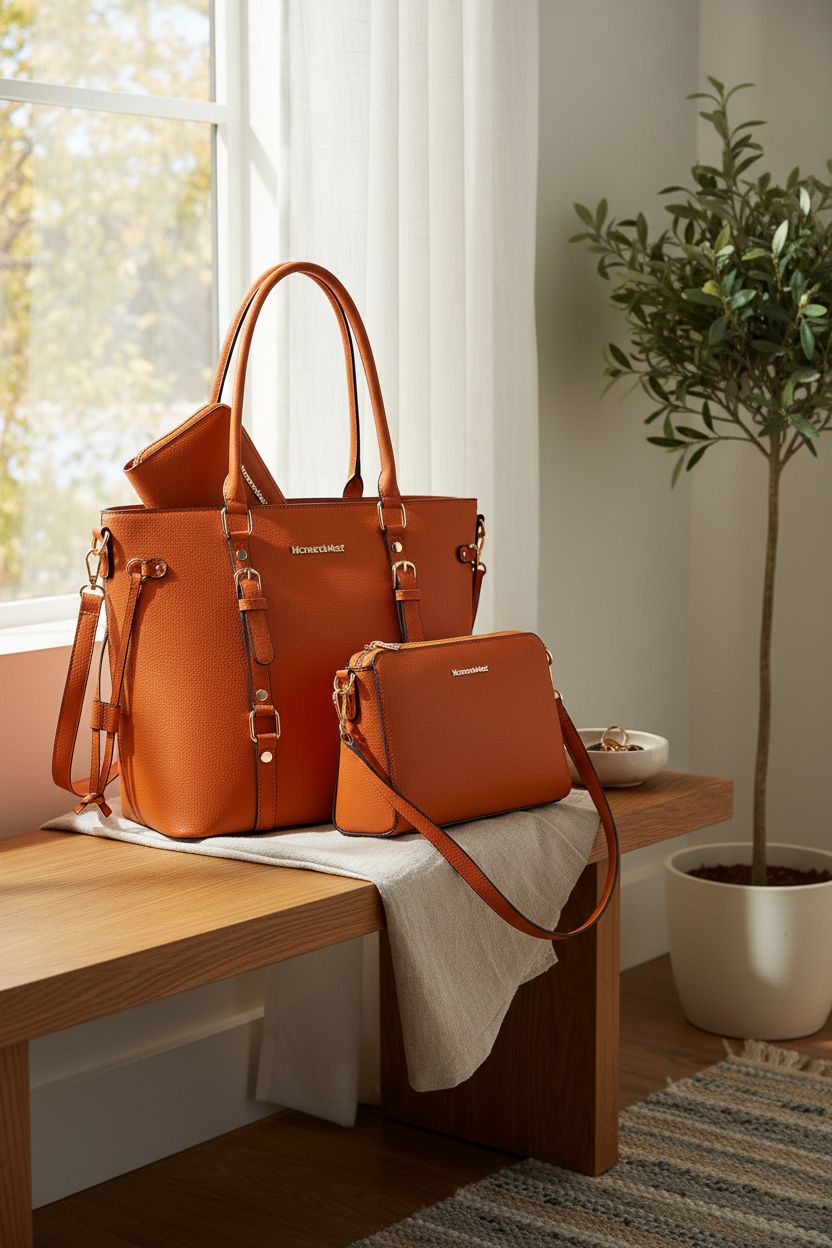 Montana West orange purse set displayed in a cozy apartment entryway.