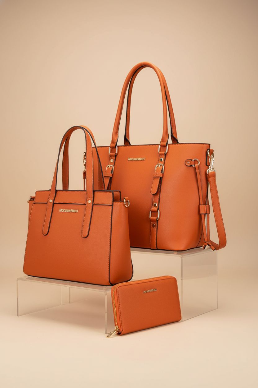 Montana West orange tote, satchel, and wallet arranged for a product showcase.