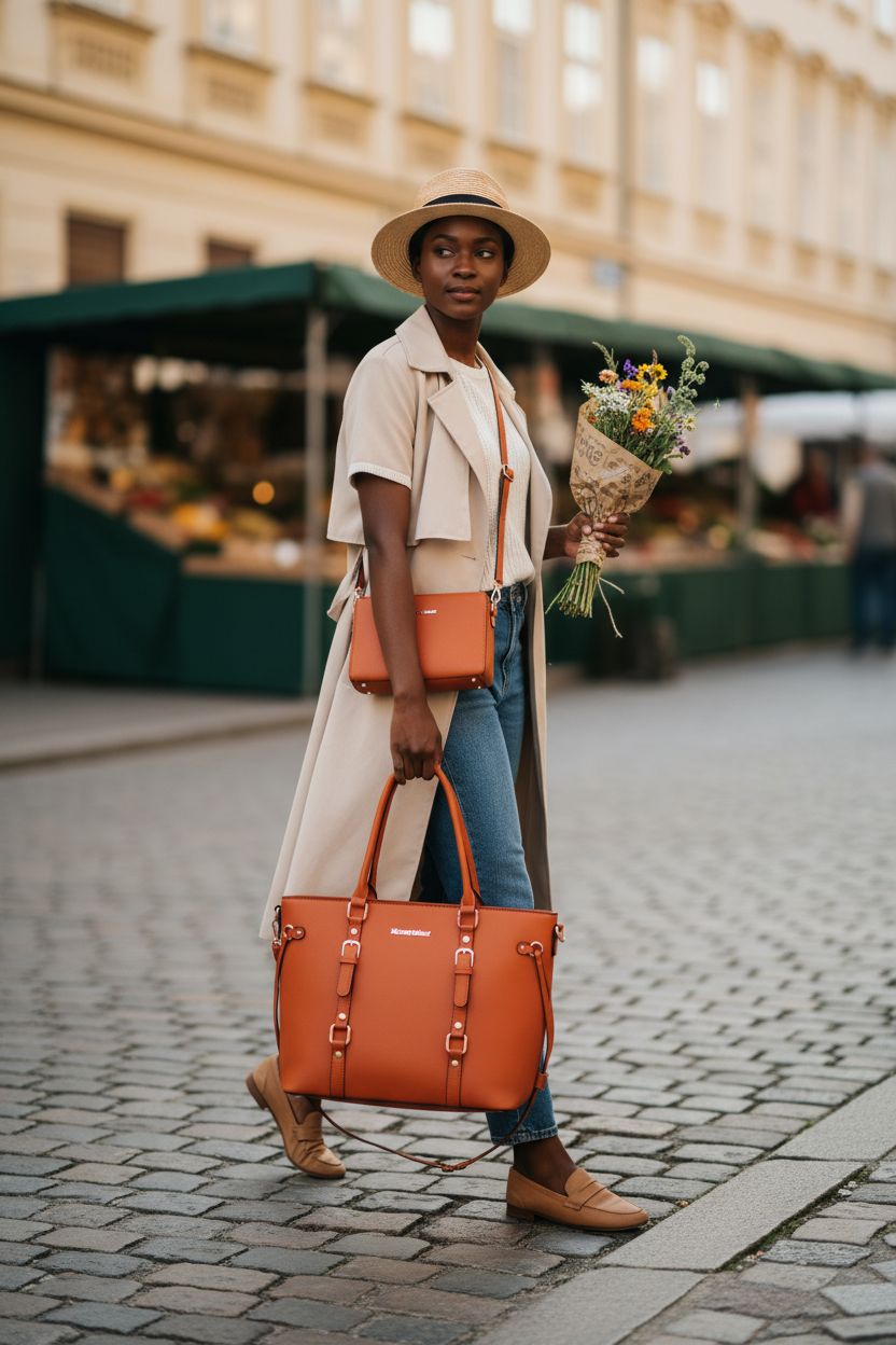 Montana West orange tote bag and satchel set, styled casually in a market setting.