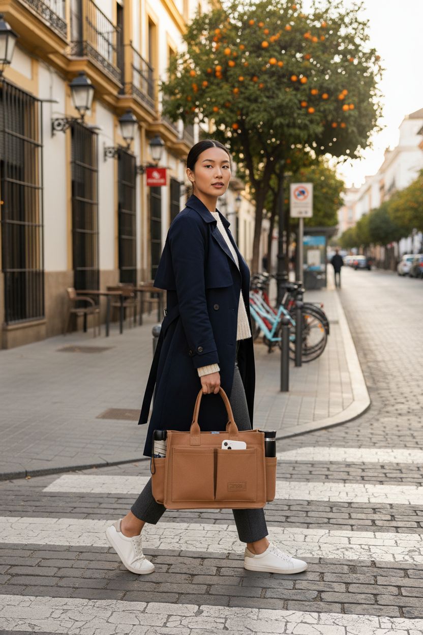 Tan canvas tote bag by ZHMO showcasing sturdy top handles and front pockets in urban setting.