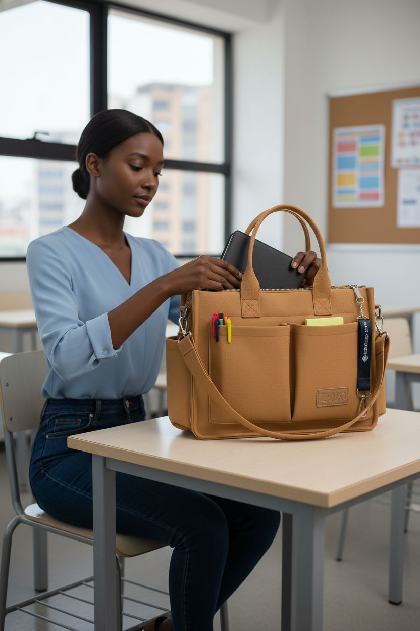 ZHMO large tan tote bag with compartments, planner, and school supplies on a classroom desk.