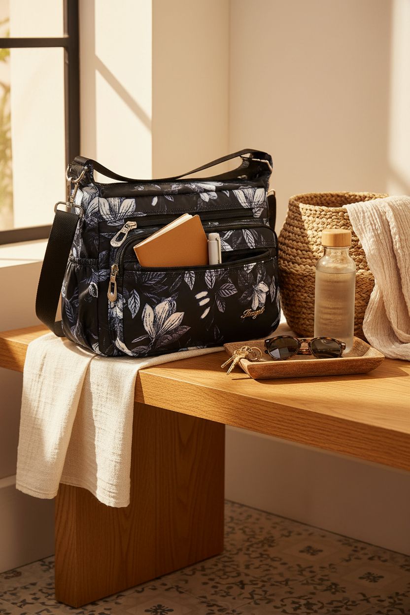 HERCMNOY purse on oak bench, displaying its roomy pockets and waterproof nylon in a cozy setting.