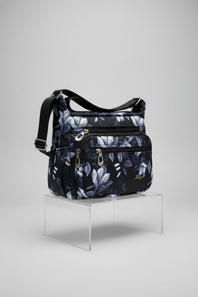 Close-up of HERCMNOY crossbody bag showcasing pockets and sleek design on a gray backdrop.