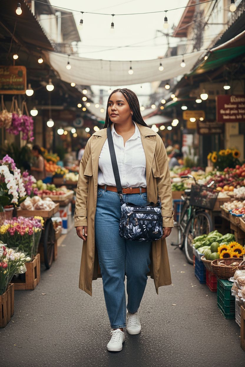 HERCMNOY floral crossbody bag on market stroll, highlighting its stylish design and functional pockets.