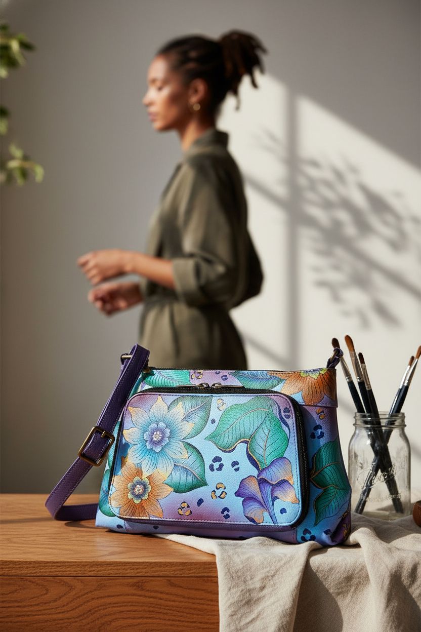 Anna by Anuschka hand-painted leather bag in artist's studio setting