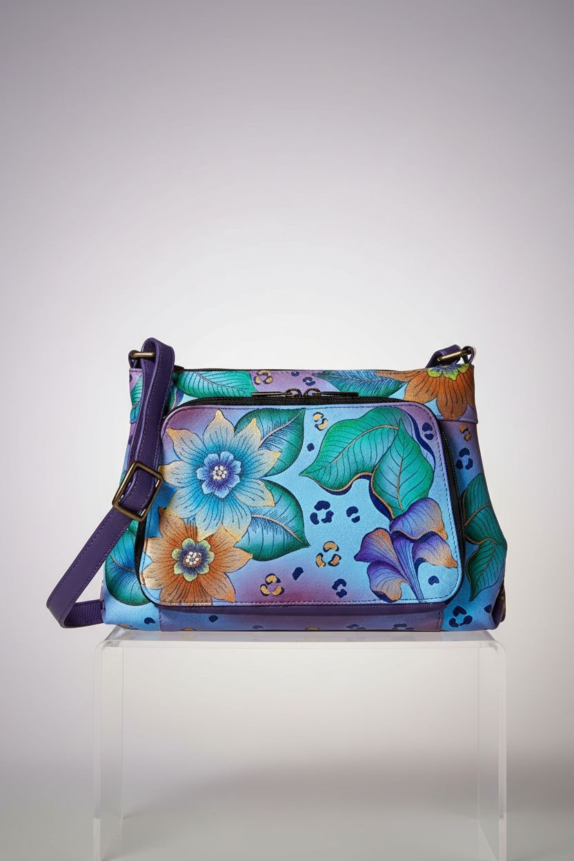 Anna by Anuschka painted leather crossbody bag on acrylic riser in studio