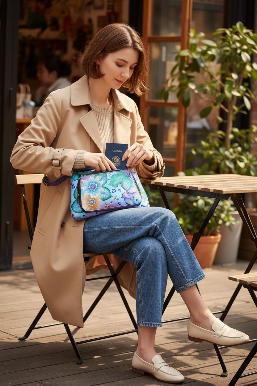 Anna by Anuschka tropical safari painted leather crossbody bag on café table