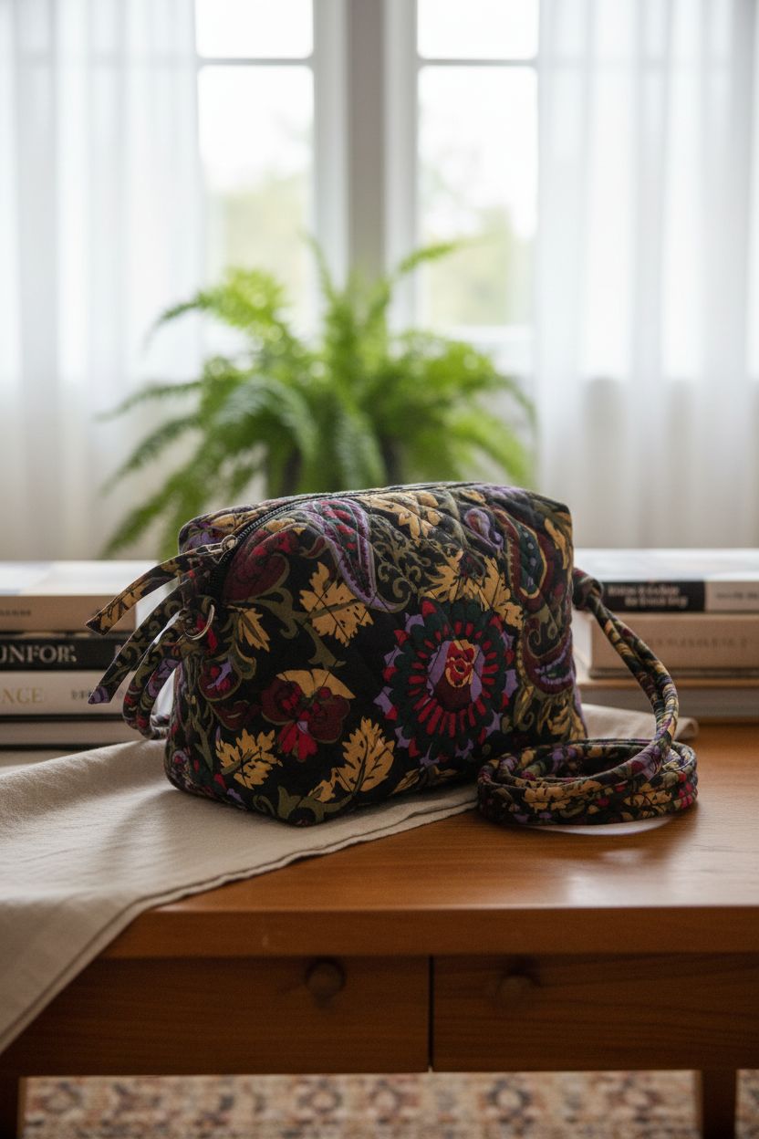 Vera Bradley Midnight Garden paisley purse on a cozy table in a boutique hotel reading nook