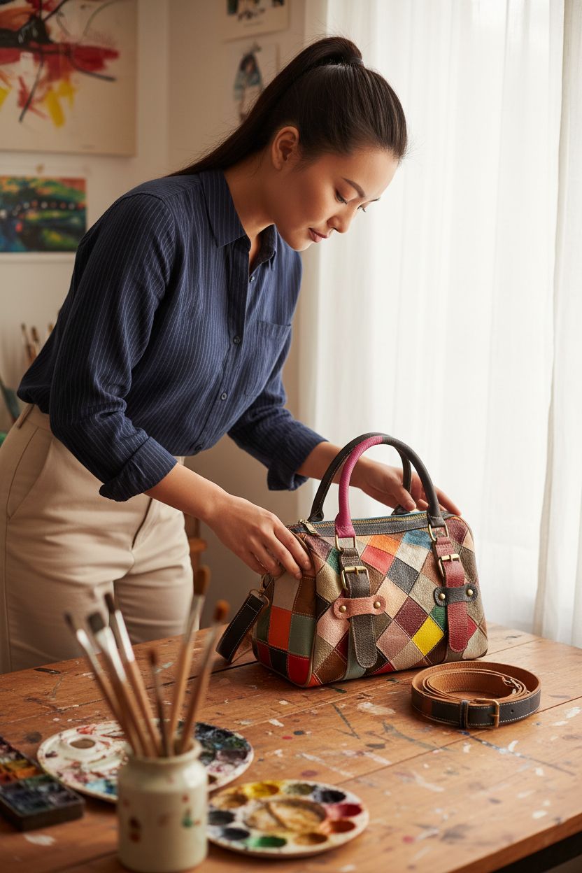 Artistic patchwork purse by Downupdown, set in a cozy studio, highlighting its vintage style and craftsmanship.