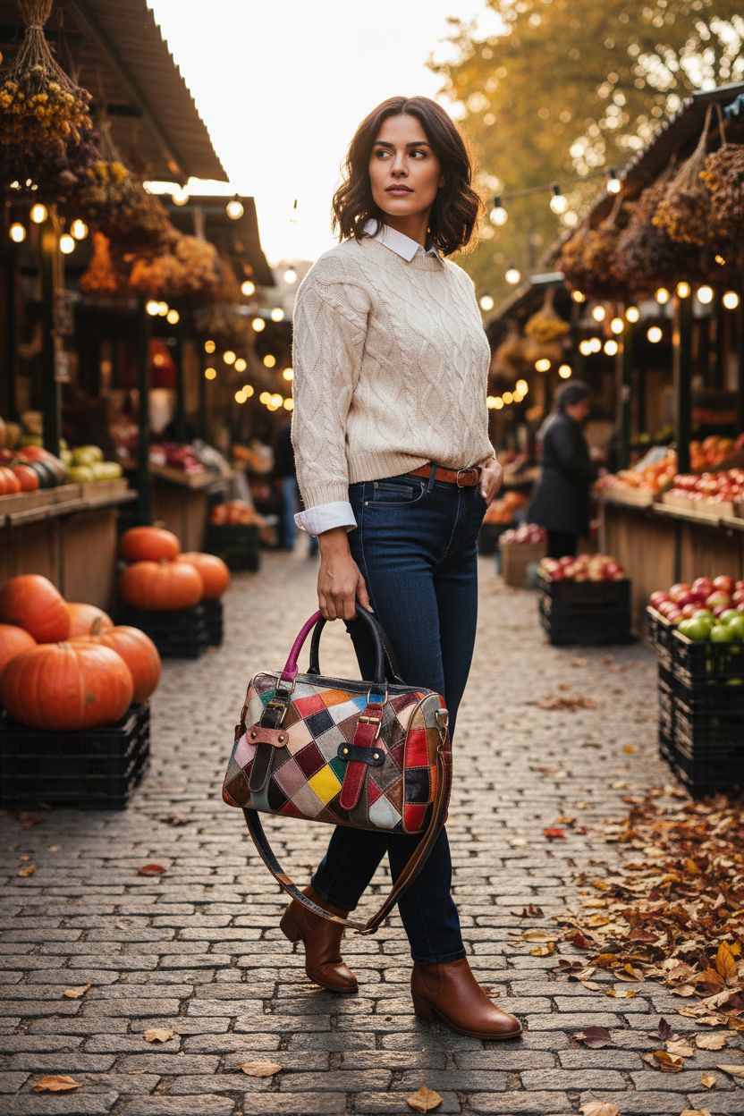 Colorful patchwork purse by Downupdown, perfect for cozy market strolls, featuring vintage leather design.