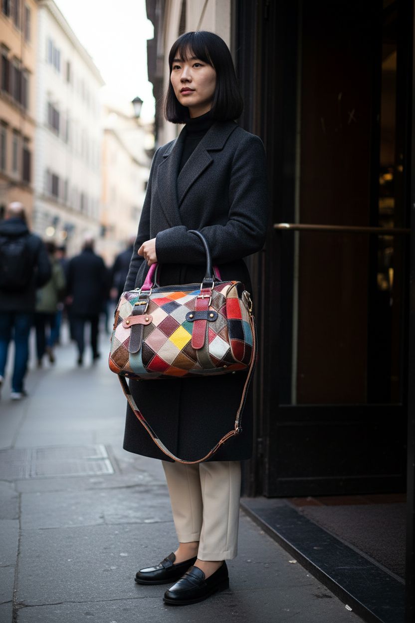 Downupdown's chic patchwork tote bag, showcasing leather quality and versatile design for daily commutes.