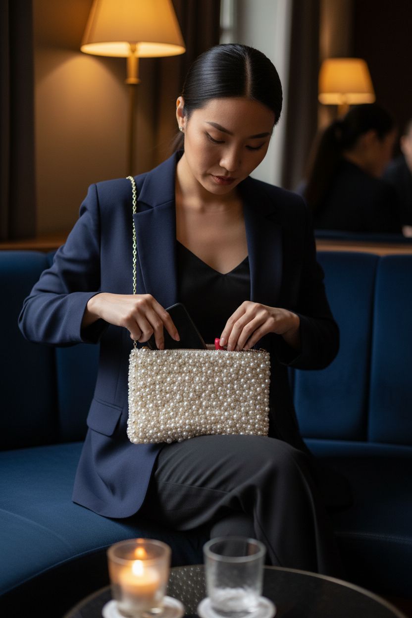 Geiomoo pearl shoulder bag on lap in elegant hotel lounge, perfect for evening outings.