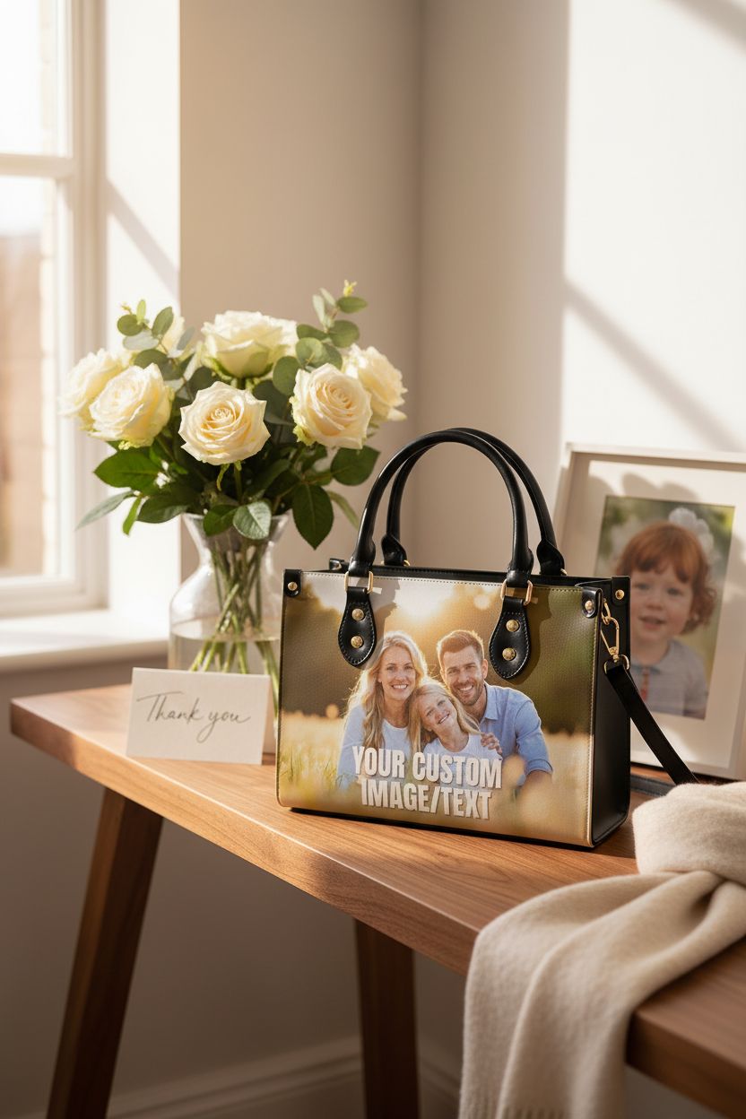 Personalized tote bag by COZYAURA on a console in a cozy home setting, adding a personal touch.
