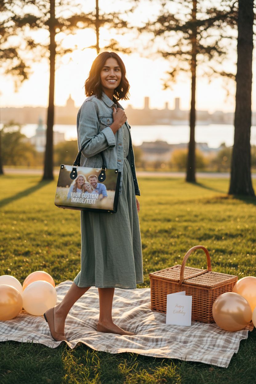 Custom picture purse by COZYAURA at a picnic, showcasing a personalized design for special occasions.