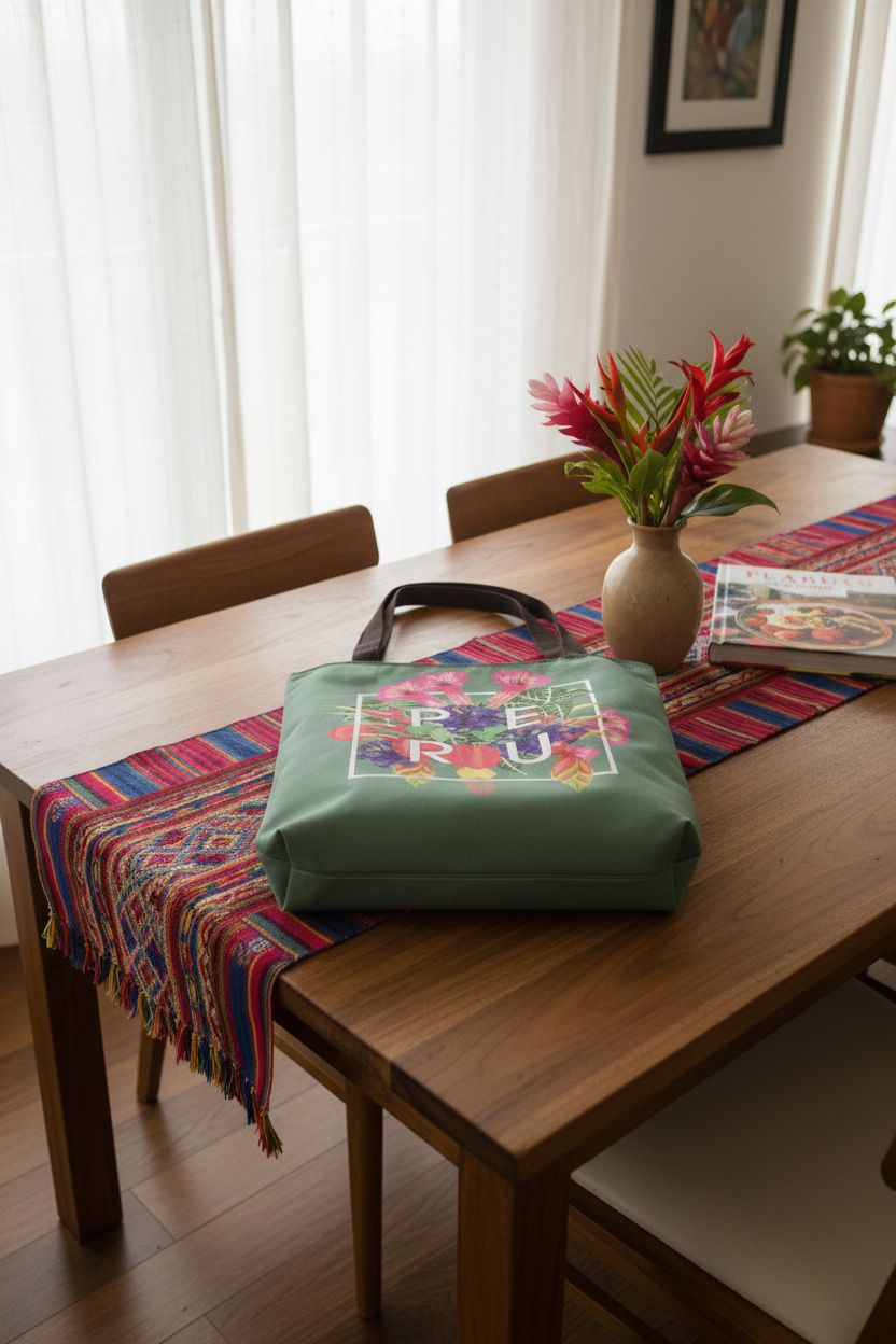 Cozy home setting featuring Flowers of Peru tote bag on dining table, Family Heritage Gifts