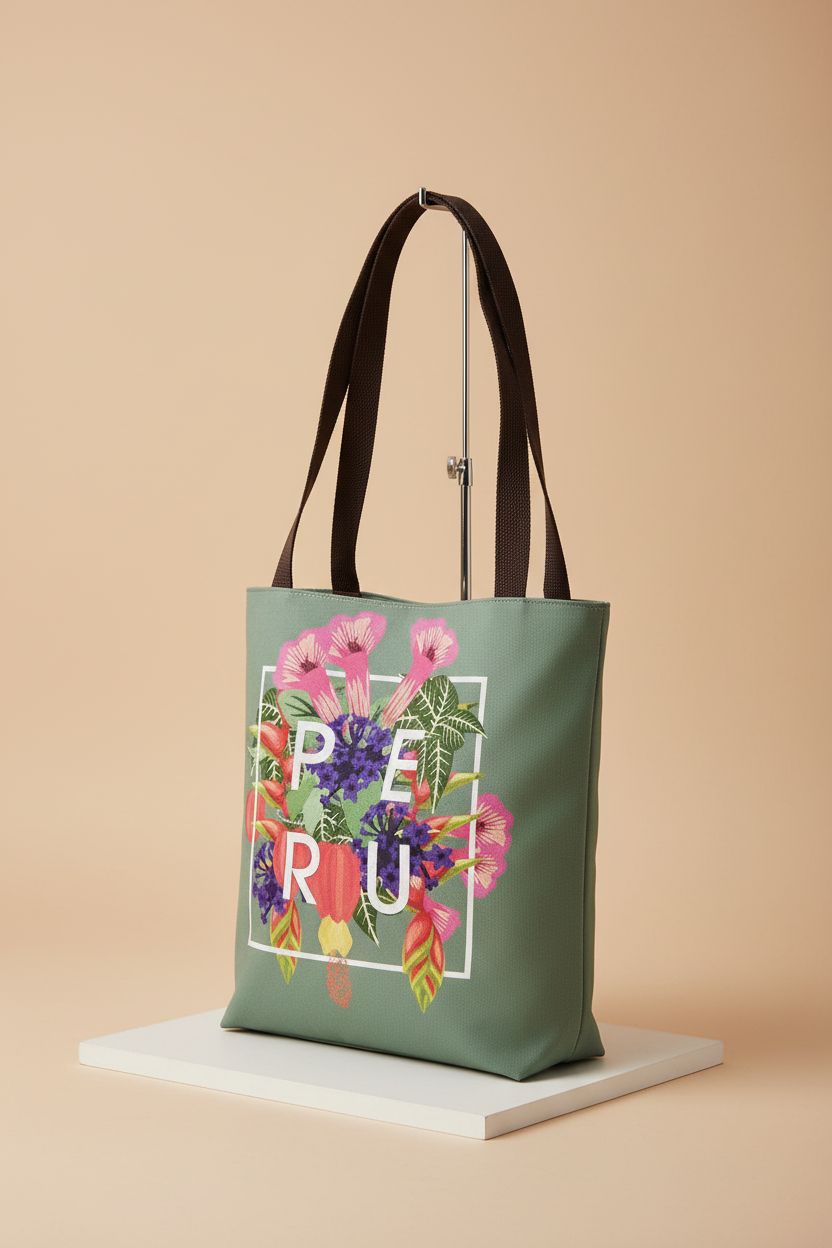 Product shot of Flowers of Peru tote bag showcasing fabric texture and design, Family Heritage Gifts