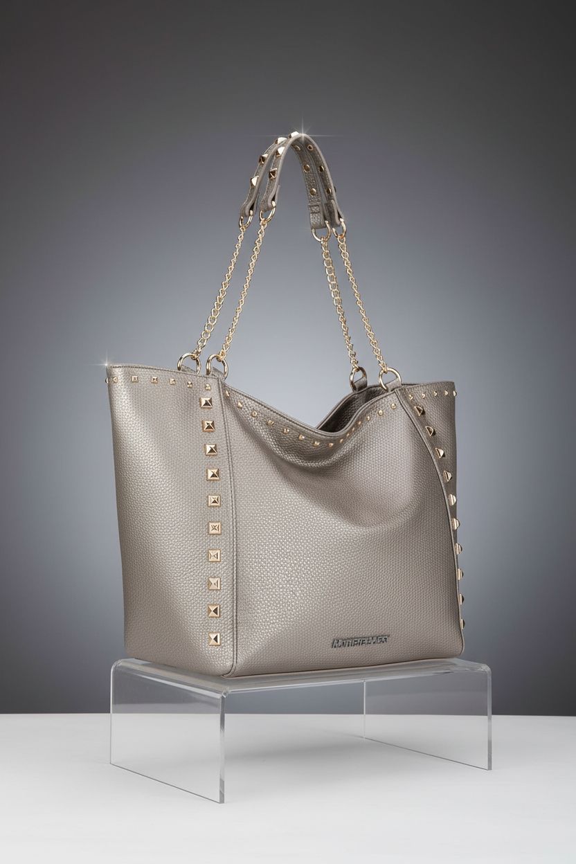 Montana West pewter handbag showcasing chain handle and rivets