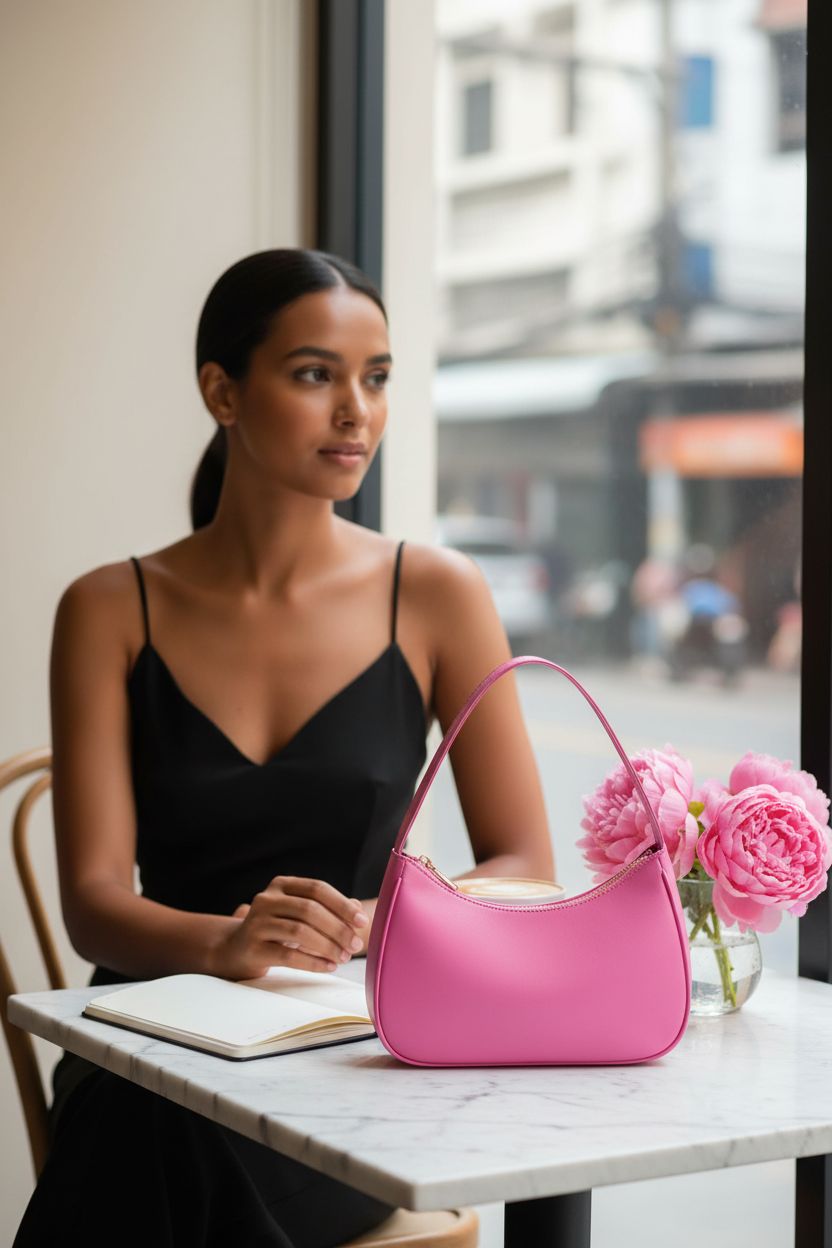 CYHTWSDJ pink hobo bag in a cozy café nook with flowers and a cappuccino.