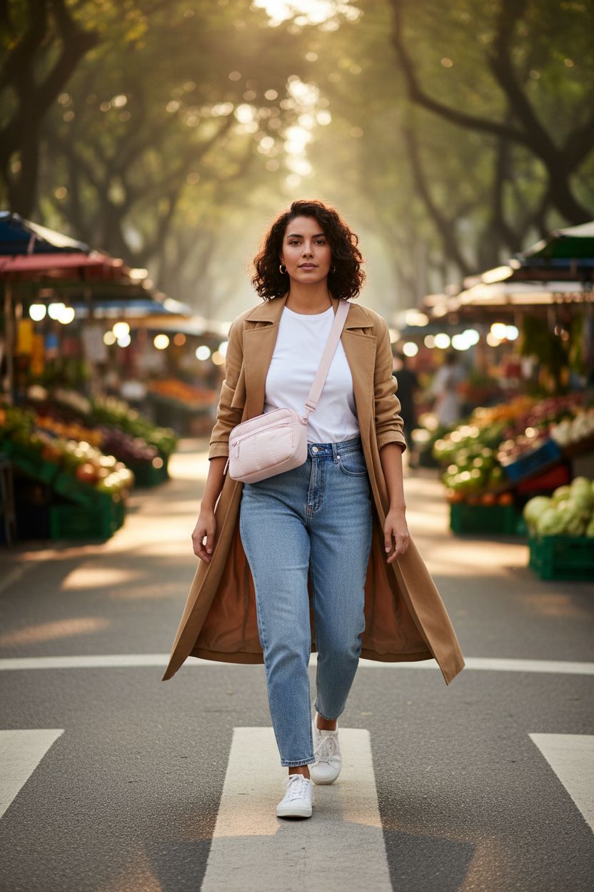 BAGSMART baby pink crossbody bag in a vibrant market setting, showcasing stylish design.