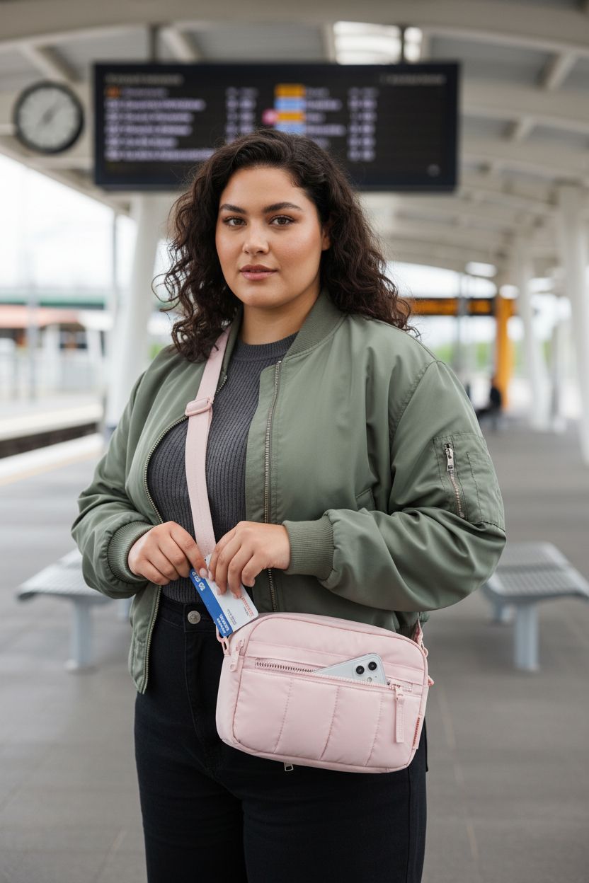 BAGSMART baby pink crossbody bag on a train platform, highlighting its chic design and functionality.
