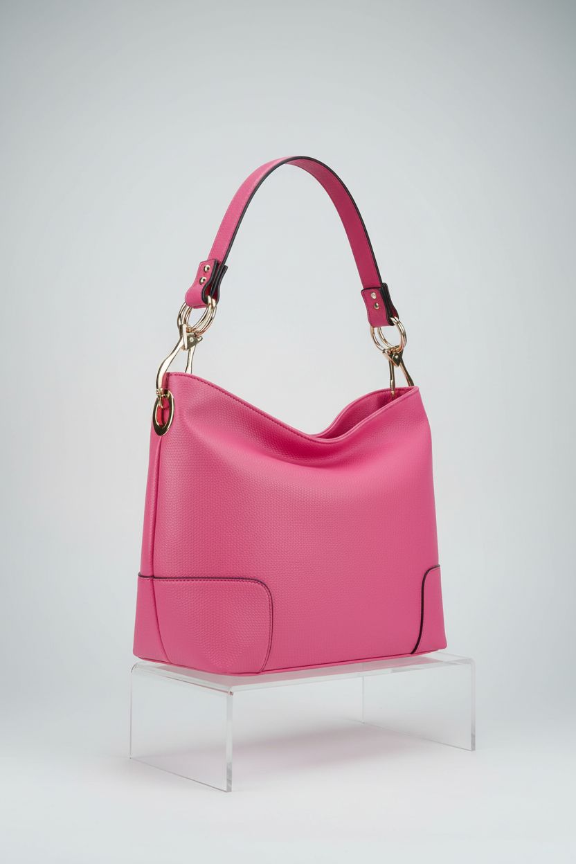 Montana West pink hobo bag showcased in a clean studio setting, highlighting its pebbled leather and gold hardware.