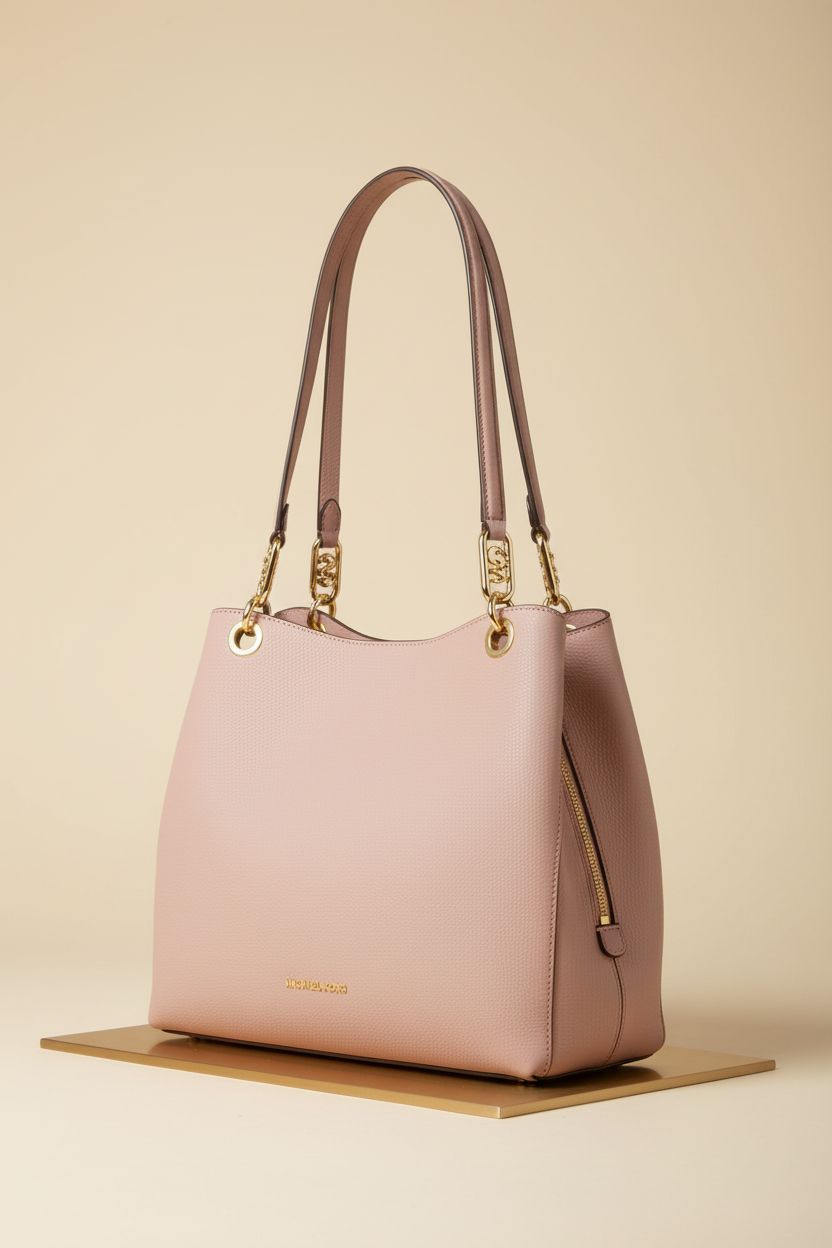 Product shot of Michael Kors pink leather purse, highlighting its design and craftsmanship.