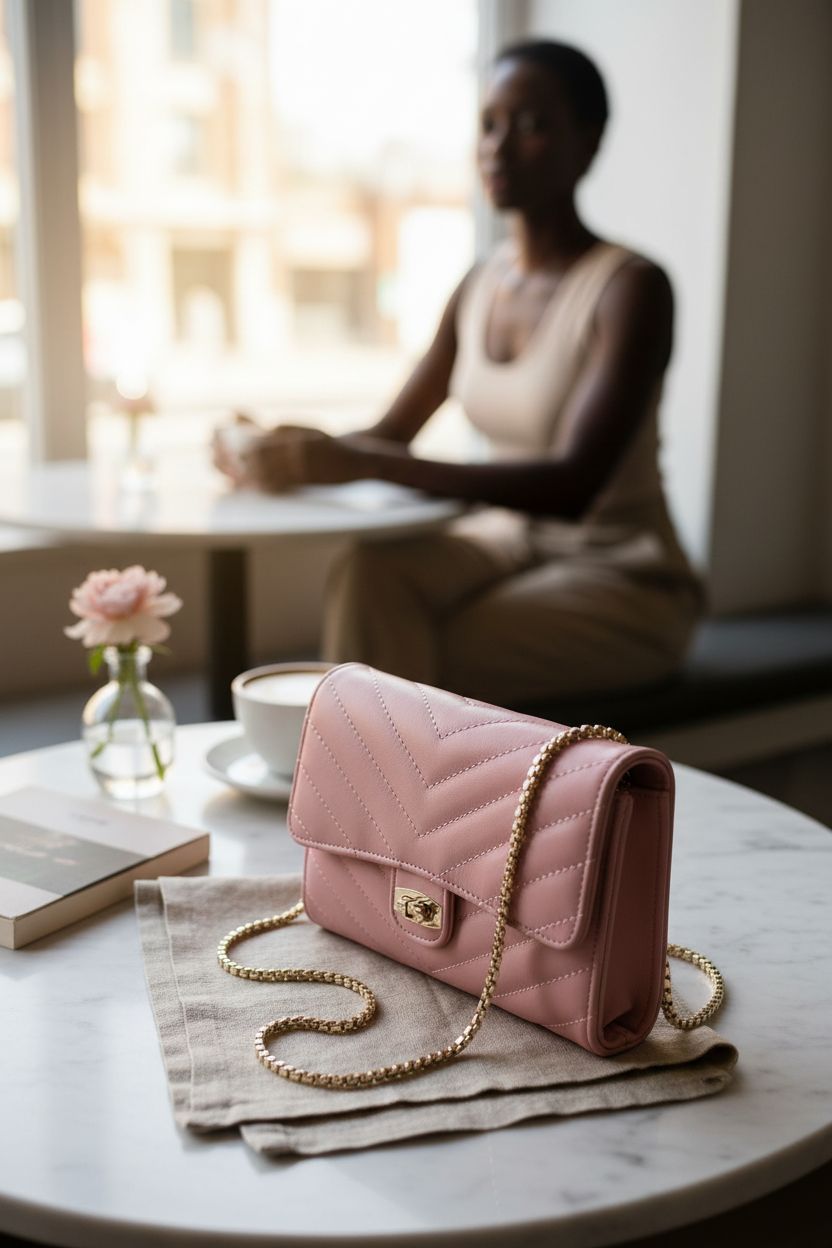 YAZEKOUS pink purse elegantly placed in a café setting, showcasing its quilted design and luxe finish.