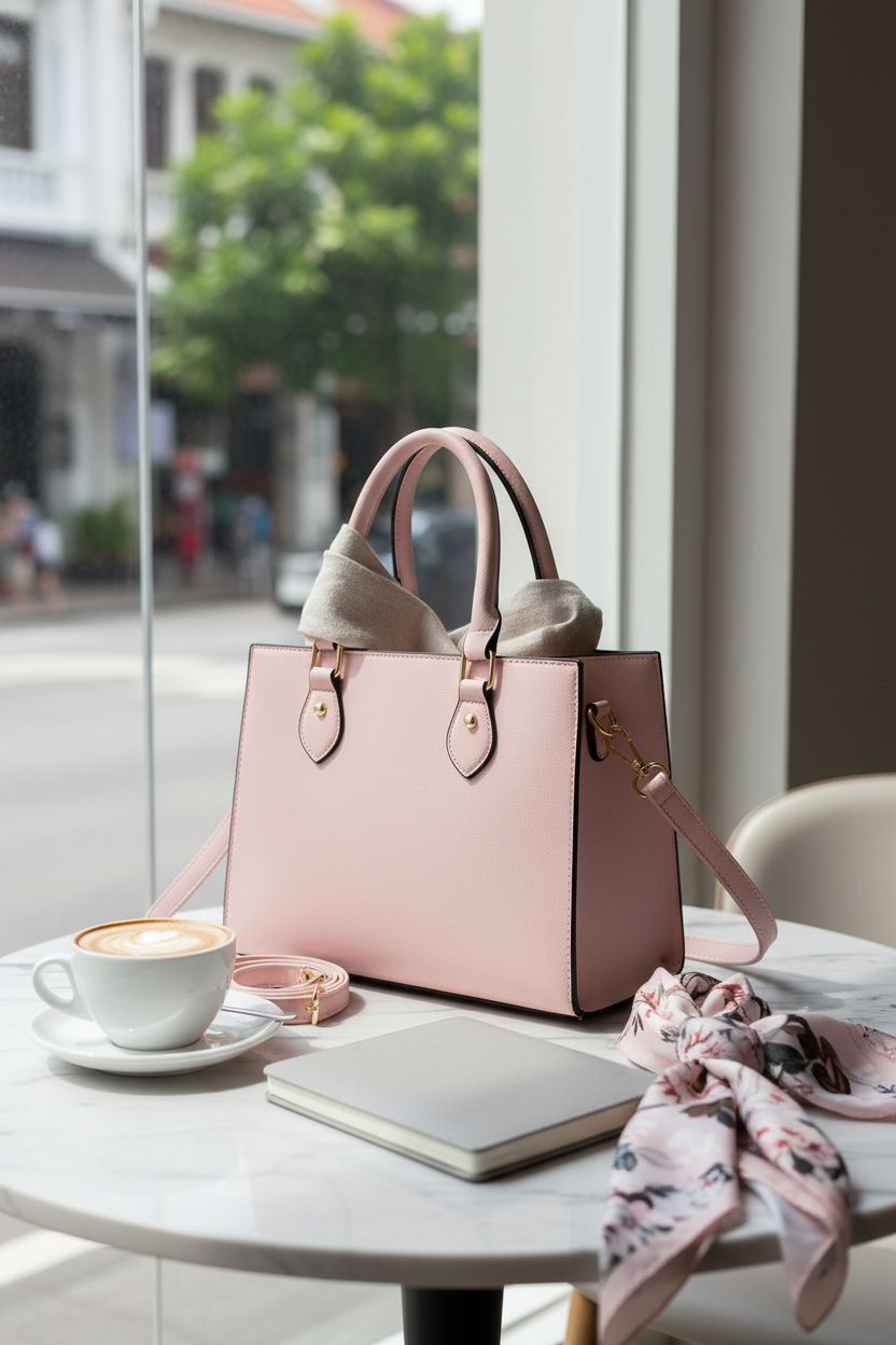 CHICAROUSAL pink satchel purse on a marble table in a sunny café