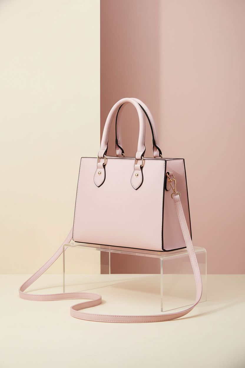 Product shot of CHICAROUSAL light pink satchel purse on acrylic riser