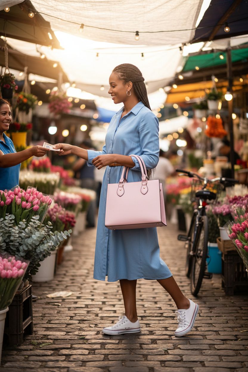 Charming CHICAROUSAL pink satchel purse at a lively flower market