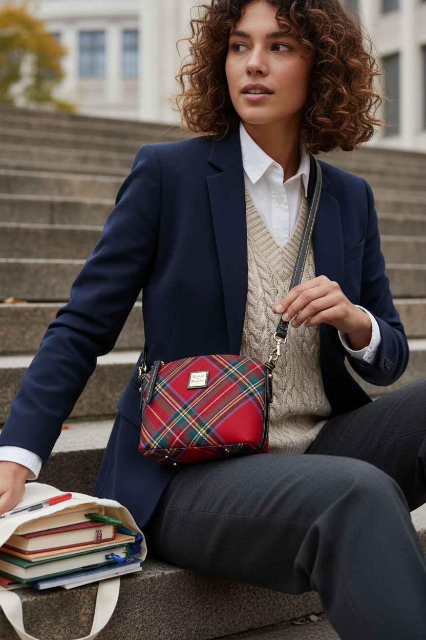 Dooney & Bourke tartan mini domed crossbody purse on stone steps with books