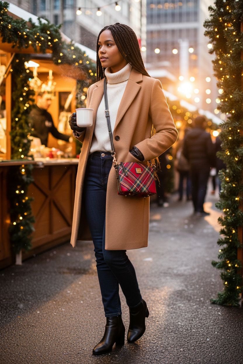Dooney & Bourke red tartan crossbody purse at a holiday street market