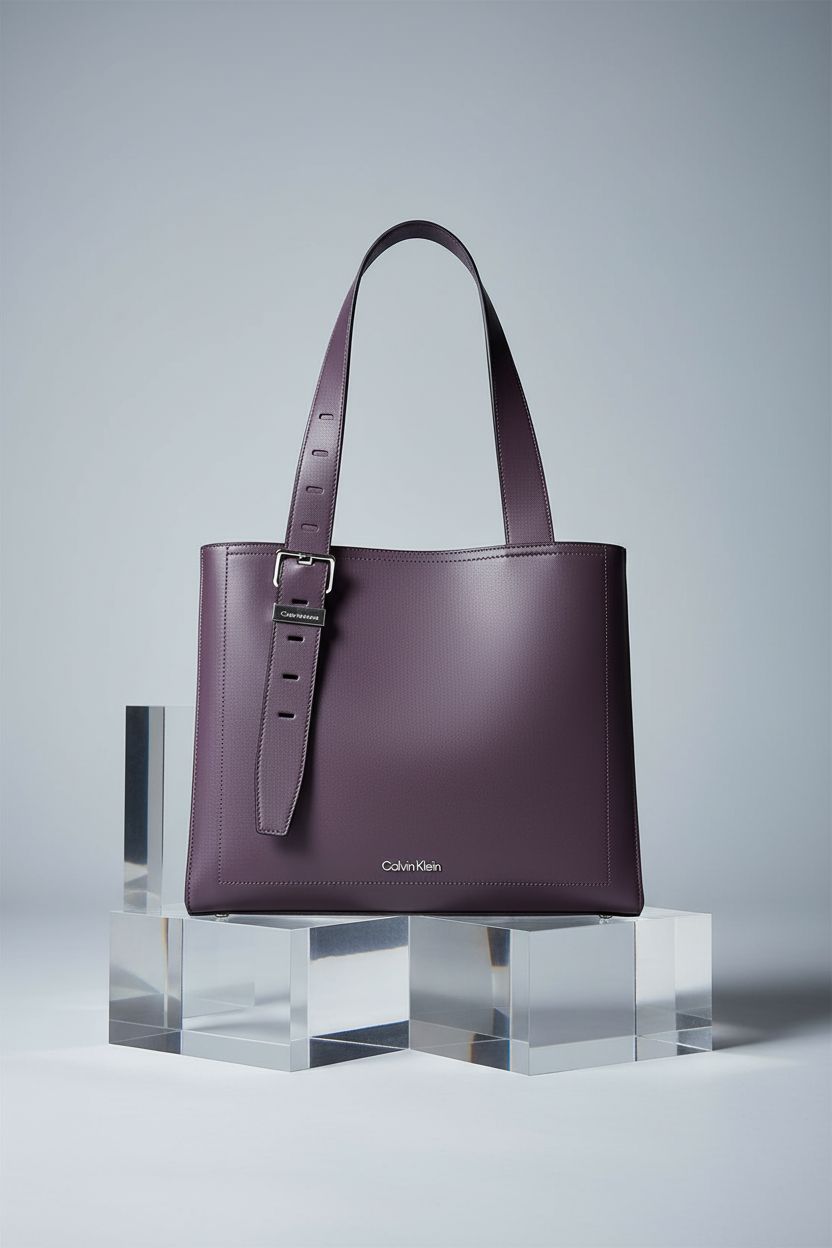 Calvin Klein Lowen Tote in plum, showcasing modern design and craftsmanship on a light-gray background.