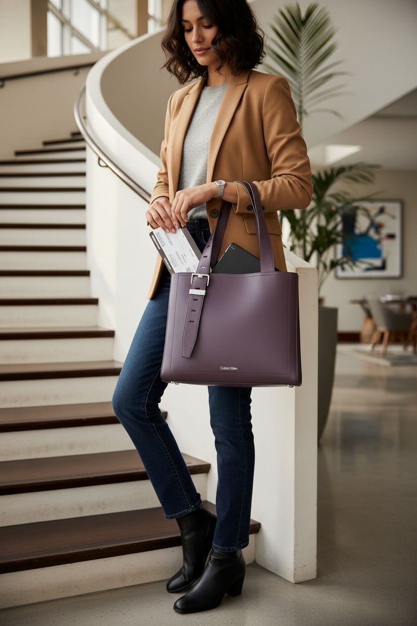 Calvin Klein Lowen Tote in plum and black, showcasing organized compartments in a stylish lobby.