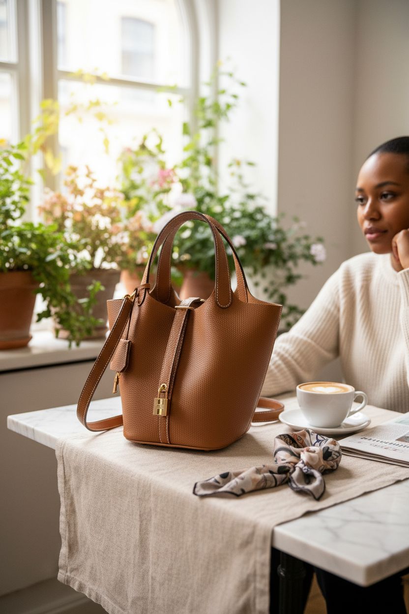 Hedexe designer bucket bag elegantly displayed in a café, showcasing its luxurious design.