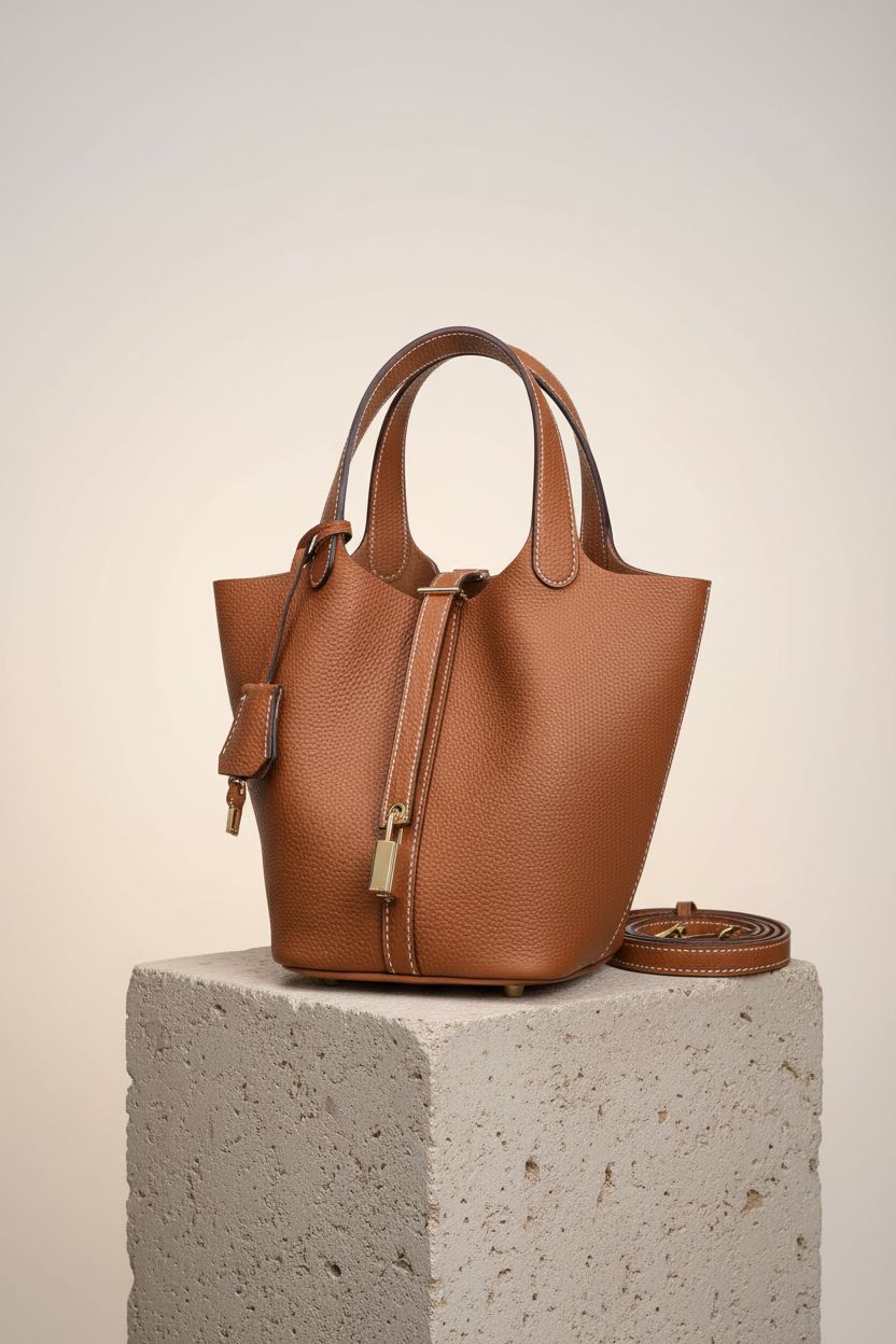 Stunning hedexe leather bucket bag on a stone pedestal, highlighting its quality craftsmanship.